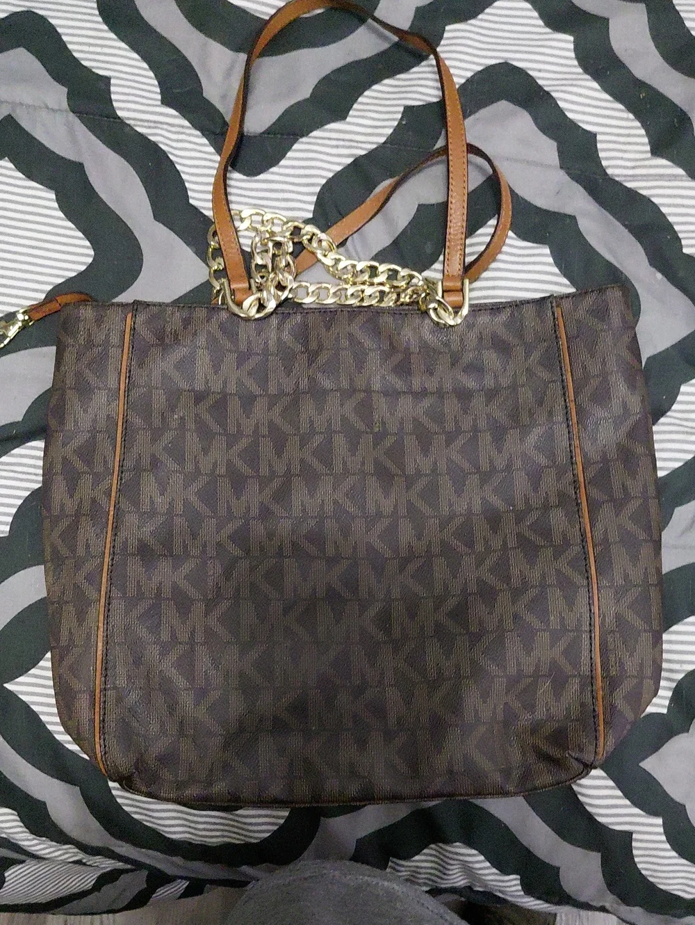 Michael Kors Brown MK Logo Tote with Gold Chain Straps